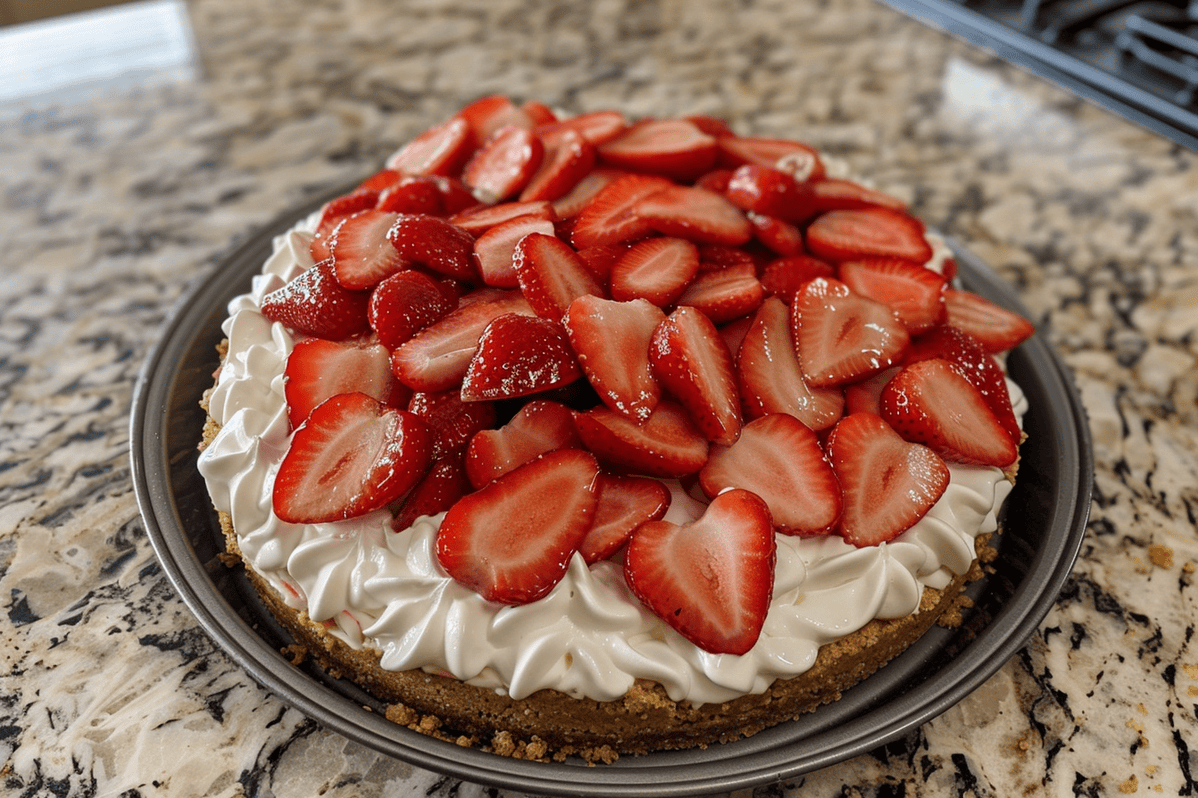 Various types of popular cheesecakes arranged on a platter, including New York and strawberry cheesecake.