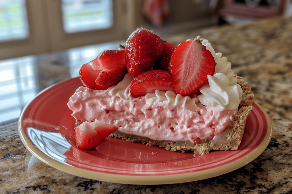 Freshly baked strawberry cheesecake topped with strawberry compote and a graham cracker crust