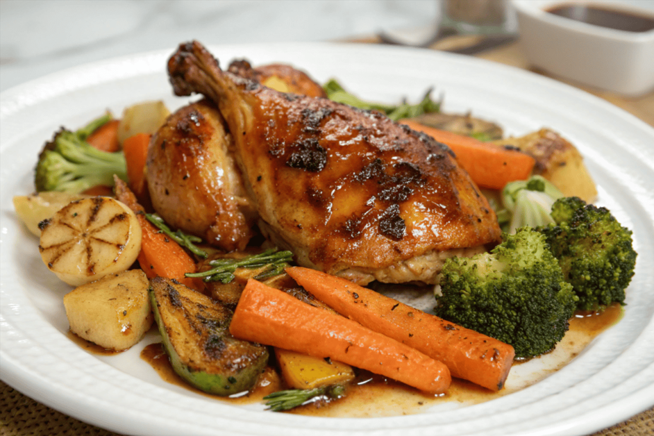 Brown sugar garlic chicken served with roasted vegetables.