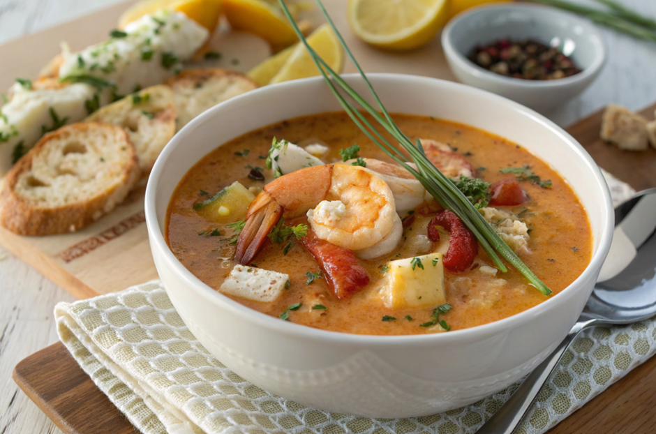 A bowl of creamy shrimp and crab seafood bisque garnished with fresh herbs and served with bread on the side.