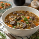 A warm bowl of beef barley and mushroom soup garnished with fresh thyme and served with rustic bread.