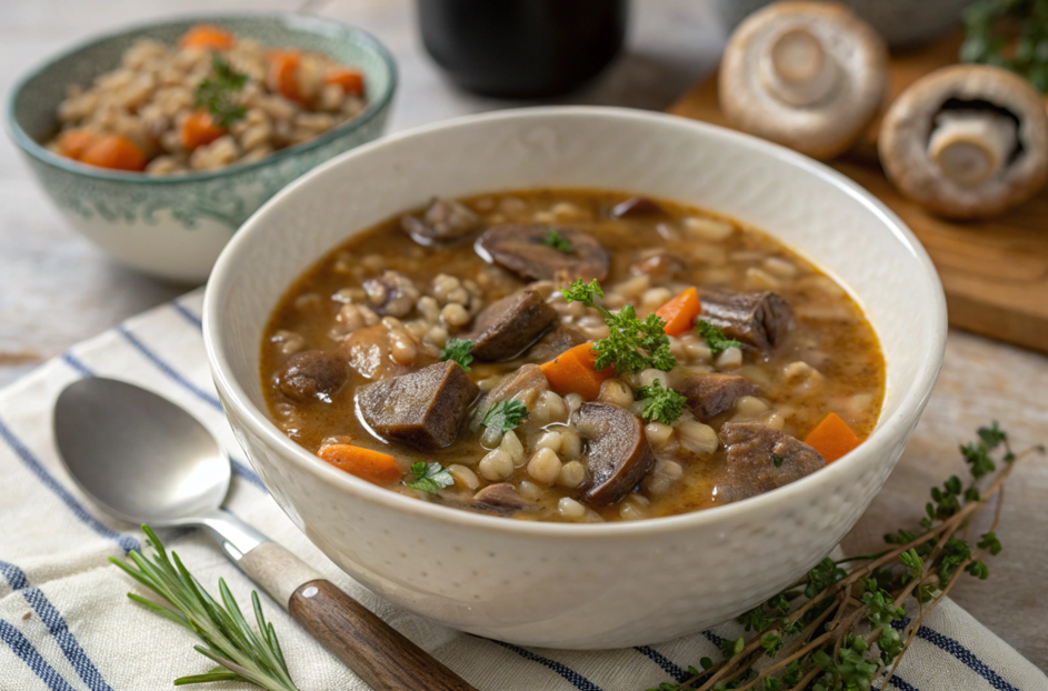 A warm bowl of beef barley and mushroom soup garnished with fresh thyme and served with rustic bread.