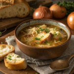 A bowl of French onion chicken soup with caramelized onions, melted cheese, and crusty bread topping.