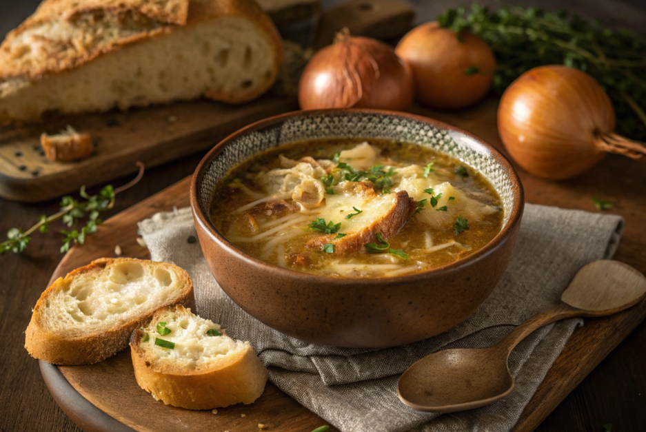 A bowl of French onion chicken soup with caramelized onions, melted cheese, and crusty bread topping.