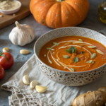 A bowl of creamy pumpkin tomato soup garnished with fresh herbs and served with crusty bread.