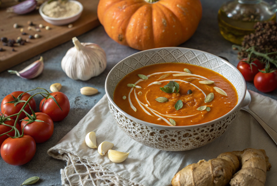 A bowl of creamy pumpkin tomato soup garnished with fresh herbs and served with crusty bread.