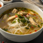 Steaming bowl of chicken rice noodle soup with fresh herbs and lime wedges.