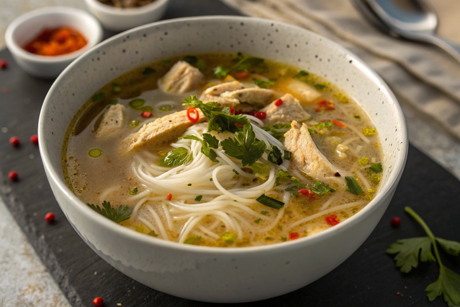 Steaming bowl of chicken rice noodle soup with fresh herbs and lime wedges.