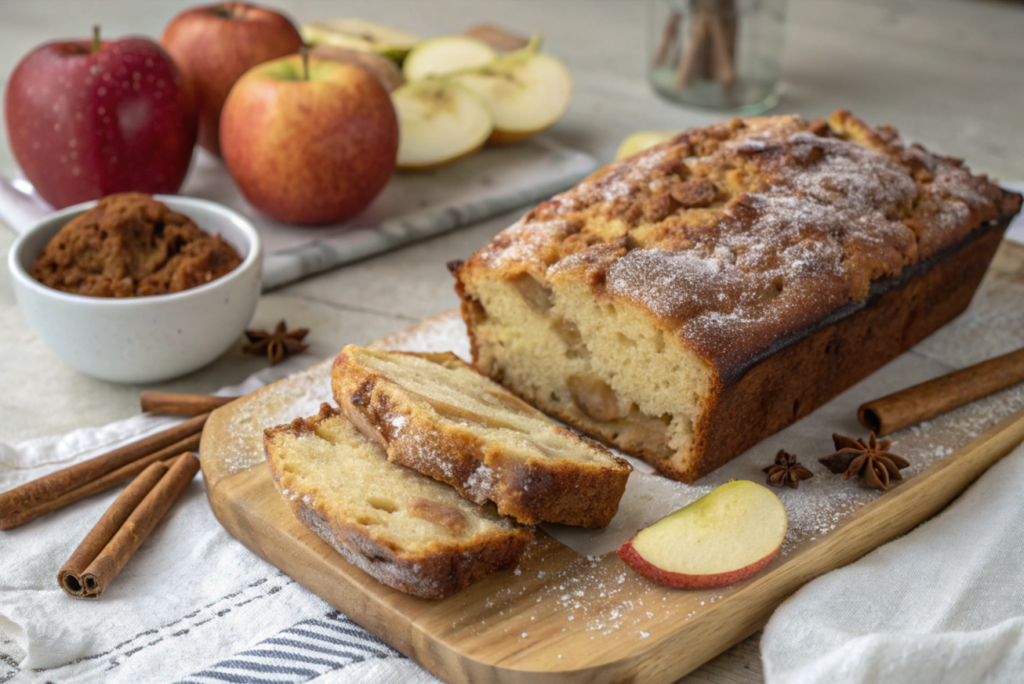 A loaf of Amish Apple Fritter Bread with spiced apple chunks, cinnamon swirls, and a shiny glaze on top, sliced and ready to serve.