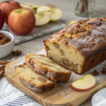 A loaf of Amish Apple Fritter Bread with spiced apple chunks, cinnamon swirls, and a shiny glaze on top, sliced and ready to serve.