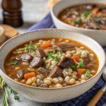 A bowl of hearty barley soup with fresh vegetables and herbs.