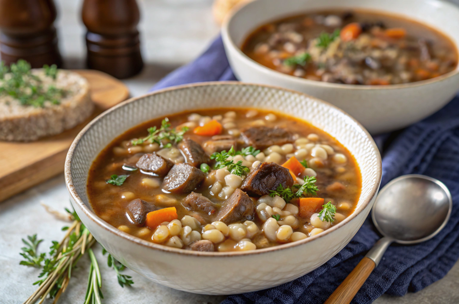 A bowl of hearty barley soup with fresh vegetables and herbs.