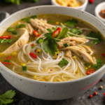 A bowl of rice noodle soup with fresh vegetables and herbs, showcasing a healthy and nutritious meal option.