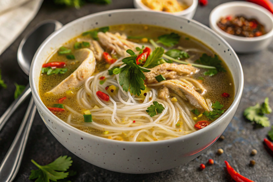 A bowl of rice noodle soup with fresh vegetables and herbs, showcasing a healthy and nutritious meal option.