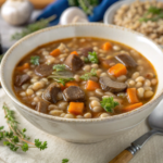 A bowl of barley soup with fresh vegetables, showcasing perfectly cooked barley for a hearty and nutritious meal.