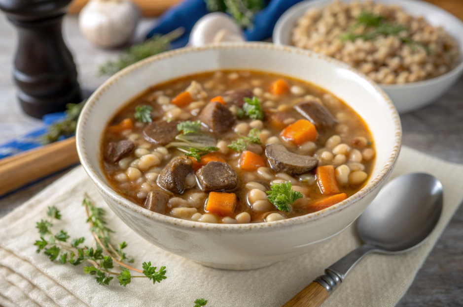 A bowl of barley soup with fresh vegetables, showcasing perfectly cooked barley for a hearty and nutritious meal.