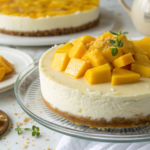 A beautifully decorated unbaked mango cheesecake topped with fresh mango slices and mint leaves, set on a white plate.