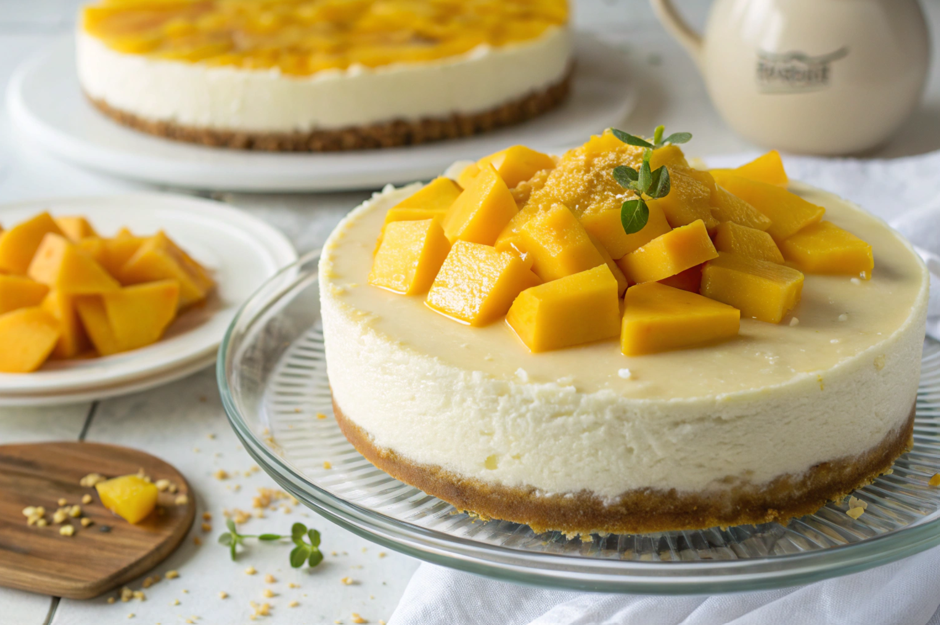 A beautifully decorated unbaked mango cheesecake topped with fresh mango slices and mint leaves, set on a white plate.