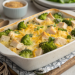 Baked chicken potato broccoli casserole with melted cheese on top.