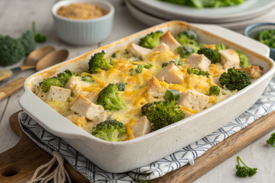 Baked chicken potato broccoli casserole with melted cheese on top.